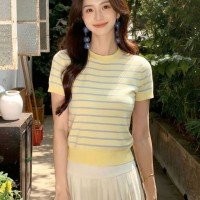스트라이프 라운드 넥 니트 스웨터 프리사이즈
