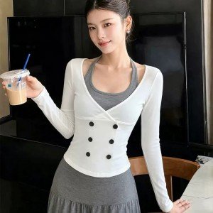  버튼장식 페이크 레이어드 슬림핏 연출 스웨터 S~XL